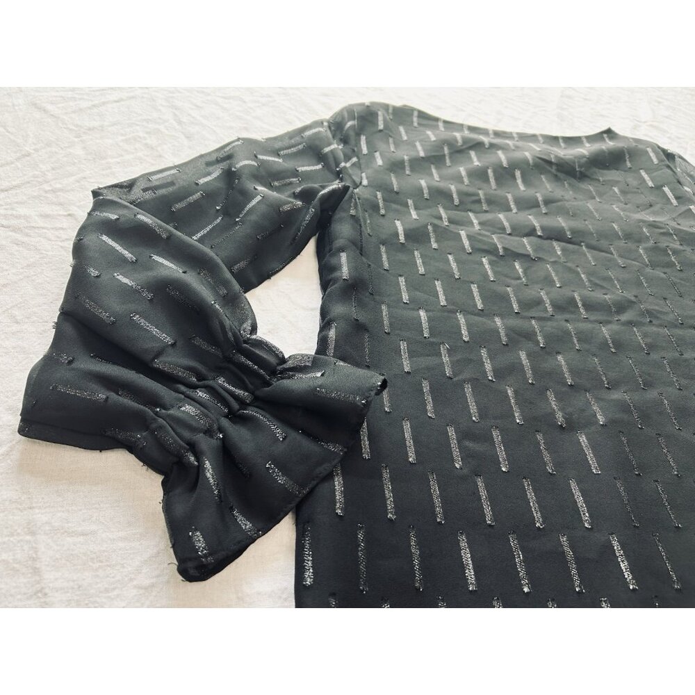 Banana Republic Women M Blouse Top Dark Fairy Sheer Bishop Lined Black Silver